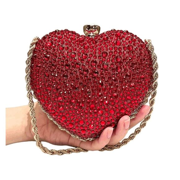 ❤️💎 Jeweled Sparkling Rhinestone Red Heart Shaped Chain Clutch Purse Bag NEW - Picture 1 of 16